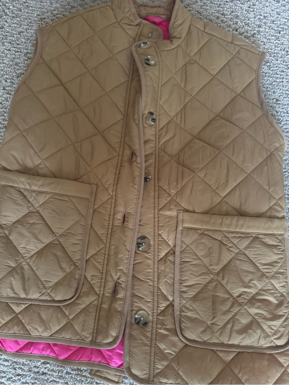 Quilted Sleeveless Vest in Camel with Pink Lining
